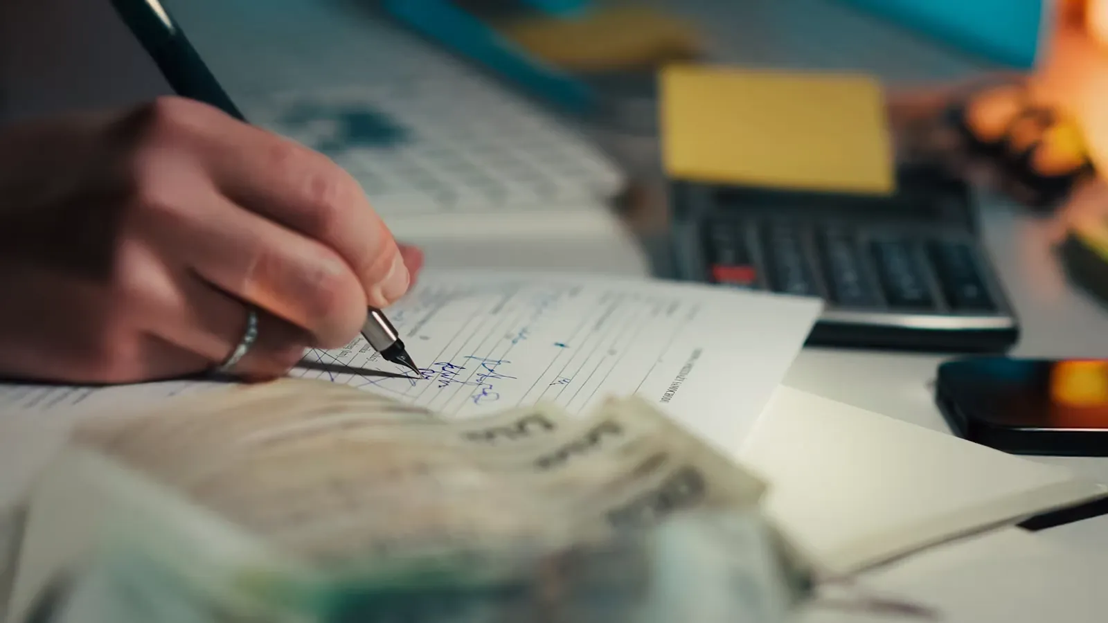 A hand writing in a notebook beside a calculator and cash