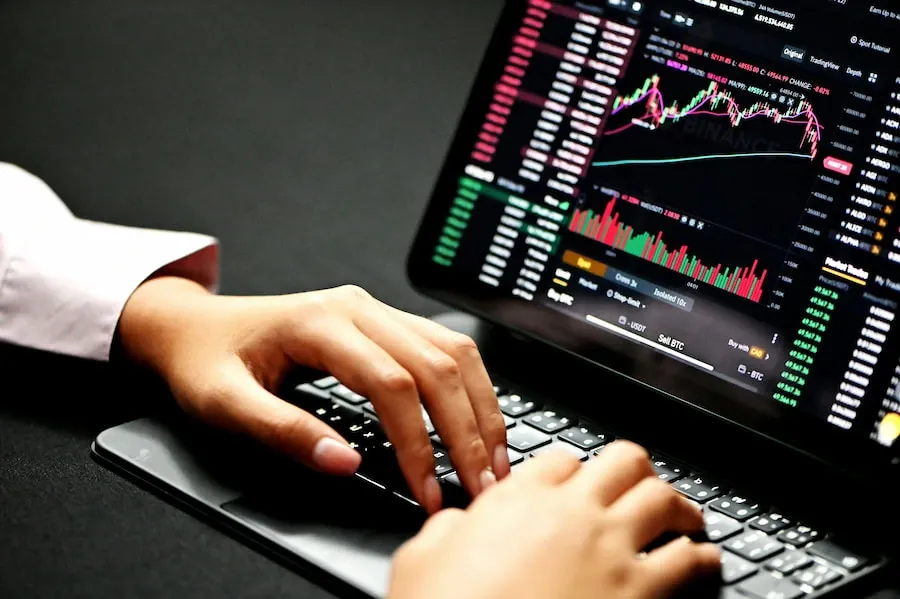 A person analysing financial data on a laptop