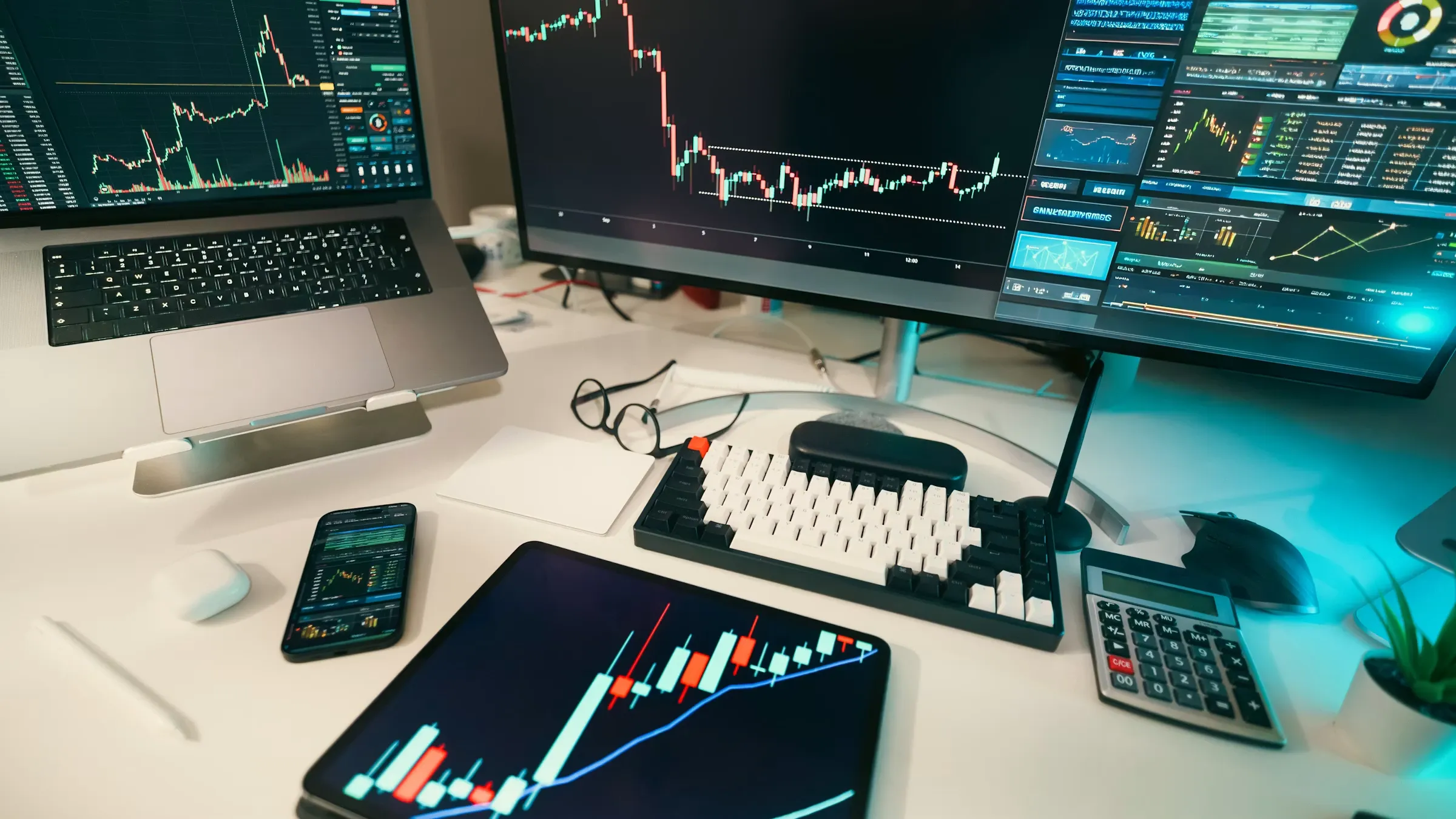 Historical market data and charts displayed across multiple screens for backtesting