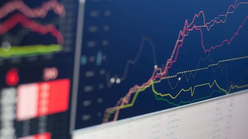 A monitor displaying a market graph