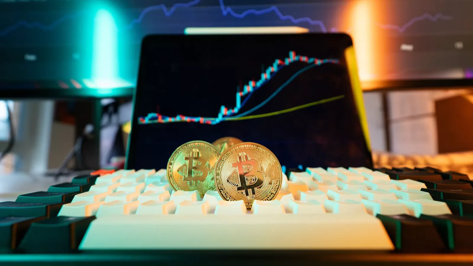 Coins on a keyboard before stock charts