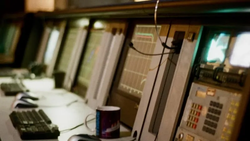 A control room with many displays