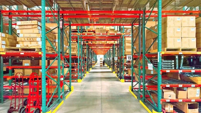 A warehouse filled with shelves and boxes