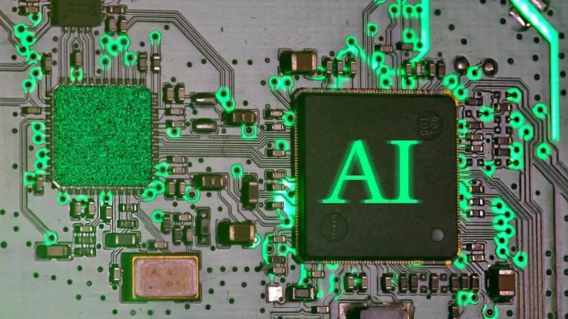 A glowing AI chip on a circuit board