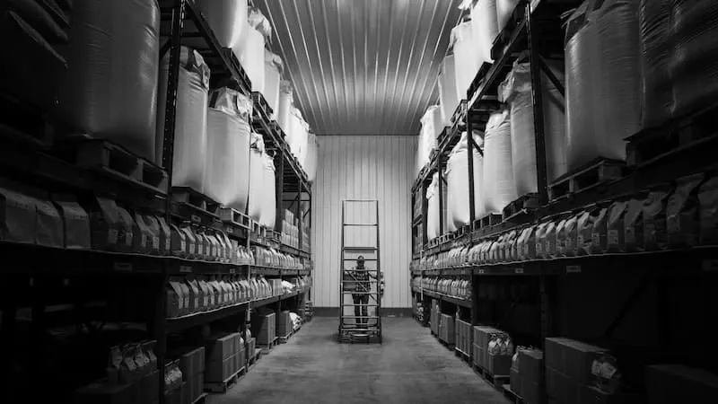 A warehouse of shelves filled with boxes