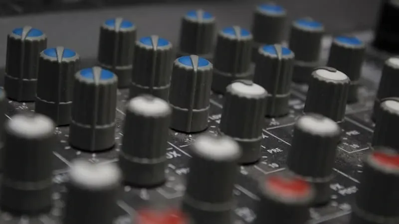 An audio mixer console