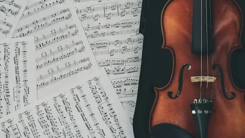 A violin on sheet music