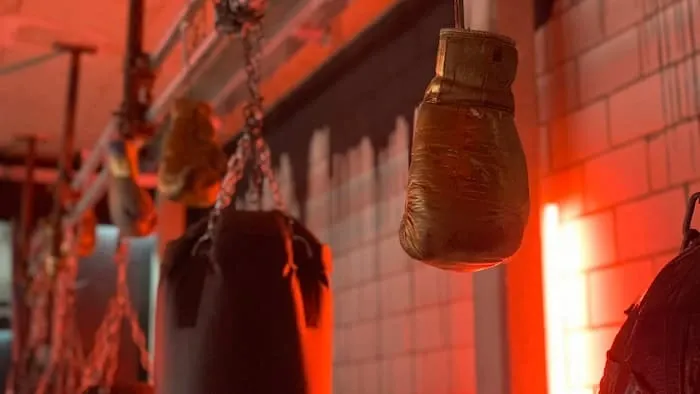 A pair of boxing gloves hanging side by side